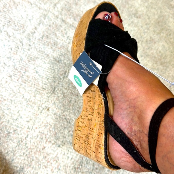 Universal Threads Millie Black Fabric Platform Cork Wedge Wrap Ankle - Picture 12 of 14